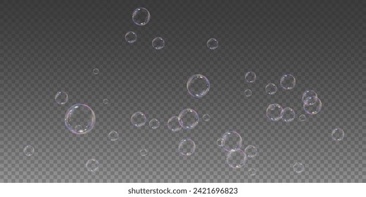 Realistic soap vector bubbles png isolated on transparent background. The effect of falling and flying bubbles. Glass bubble effect.