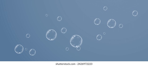 Realistic soap vector bubbles png isolated on transparent background. The effect of falling and flying bubbles. Glass bubble effect.