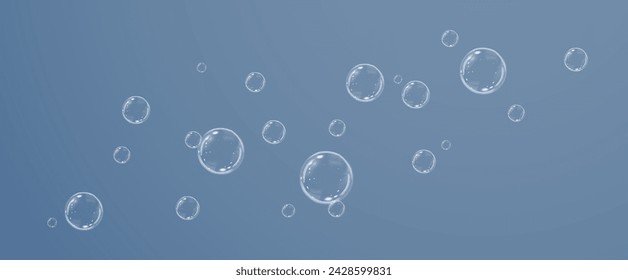 Realistic soap vector bubbles png isolated on transparent background. The effect of falling and flying bubbles. Glass bubble effect.