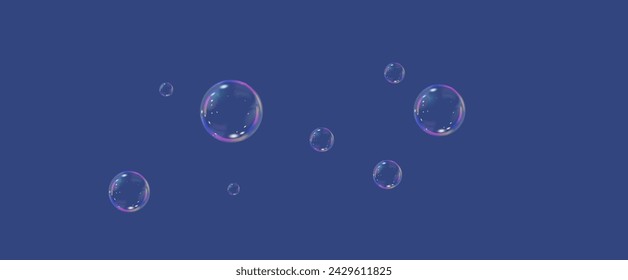 Realistic soap vector bubbles png isolated on transparent background. The effect of falling and flying bubbles. Glass bubble effect.