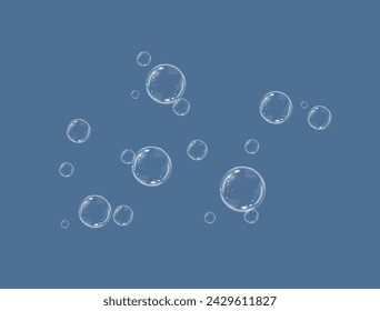 Realistic soap vector bubbles png isolated on transparent background. The effect of falling and flying bubbles. Glass bubble effect.