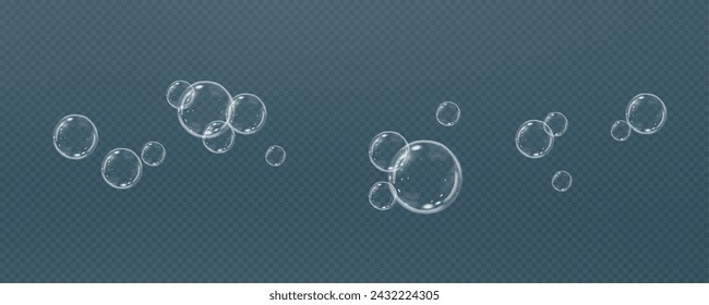 Realistic soap vector bubbles png isolated on transparent background. The effect of falling and flying bubbles. Glass bubble effect.
