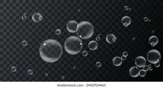 Realistic soap vector bubbles png isolated on transparent background. The effect of falling and flying bubbles. Glass bubble effect.