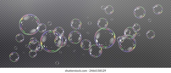 Realistic soap vector bubbles png isolated on transparent background. The effect of falling and flying bubbles. Glass bubble effect.