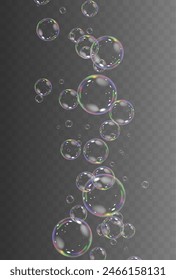 Realistic soap vector bubbles png isolated on transparent background. The effect of falling and flying bubbles. Glass bubble effect.