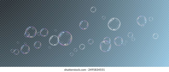 Realistic soap vector bubbles png isolated on transparent background. The effect of falling and flying bubbles. Glass bubble effect.