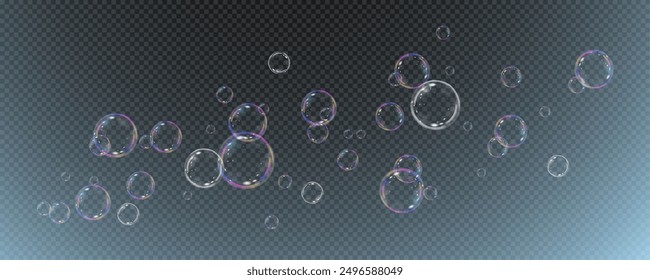 Realistic soap vector bubbles png isolated on transparent background. The effect of falling and flying bubbles. Glass bubble effect.