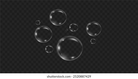 Realistic soap vector bubbles png isolated on transparent background. The effect of falling and flying bubbles. Glass bubble effect