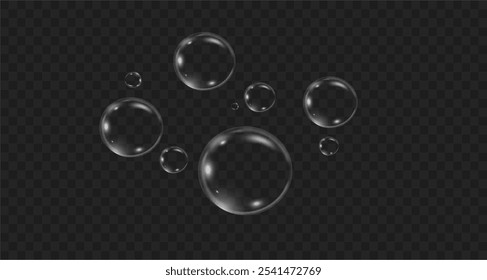 Bolhas realistas de vetor de sabão png isoladas no fundo transparente. O efeito de cair e voar bolhas. Efeito de bolha de vidro