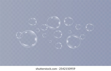 Realistic soap vector bubbles png isolated on transparent background. The effect of falling and flying bubbles. Glass bubble effect