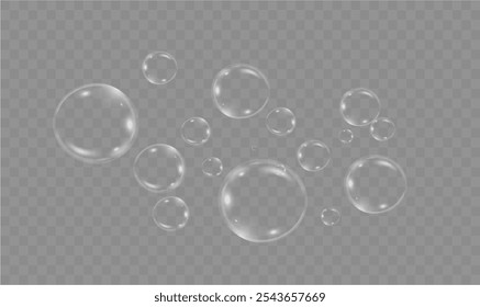 Burbujas de Vector de jabón realistas png aisladas sobre fondo transparente. El efecto de caer y volar burbujas. Efecto de burbuja de vidrio