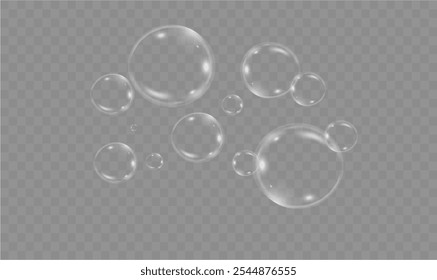 Realistic soap vector bubbles png isolated on transparent background. The effect of falling and flying bubbles. Glass bubble effect