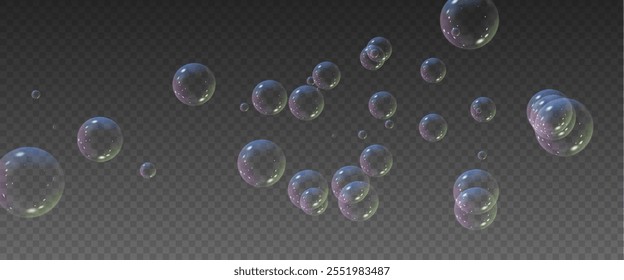 Realistic soap vector bubbles png isolated on transparent background. The effect of falling and flying bubbles. Glass bubble effect.
