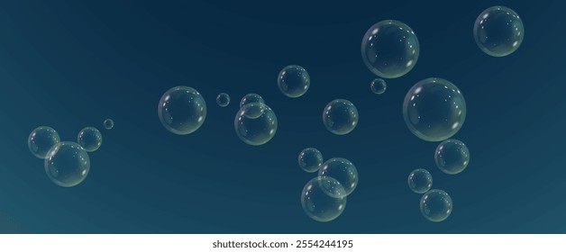 Realistic soap vector bubbles png isolated on transparent background. The effect of falling and flying bubbles. Glass bubble effect.