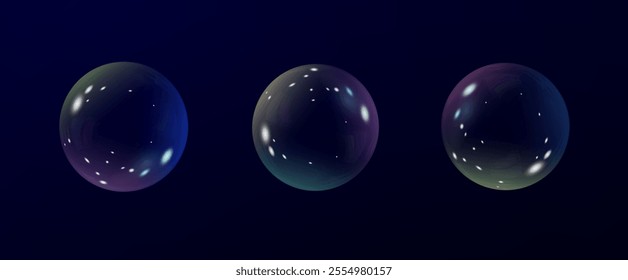 Realistic soap vector bubbles png isolated on transparent background. The effect of falling and flying bubbles. Glass bubble effect.