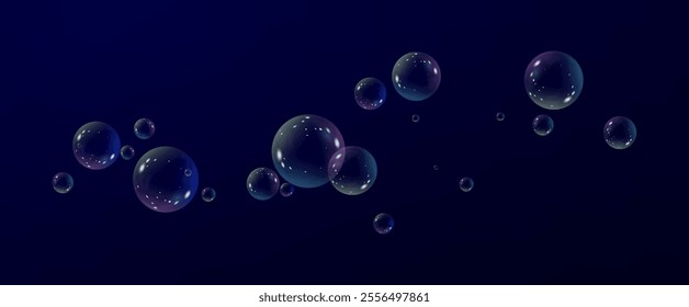 Realistic soap vector bubbles png isolated on transparent background. The effect of falling and flying bubbles. Glass bubble effect.