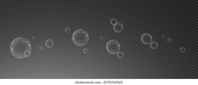 Realistic soap vector bubbles png isolated on transparent background. The effect of falling and flying bubbles. Glass bubble effect.