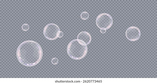 Burbujas de Vector de jabón realistas png aisladas sobre fondo transparente. Efecto de burbujas que caen y vuelan. Espectro de color de la burbuja de jabón