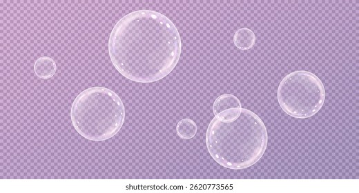 Realistic soap vector bubbles png isolated on transparent background. Falling and flying bubbles effect.Soap bubble color spectrum