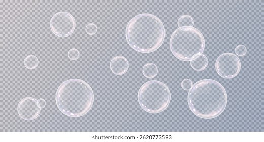 Realistic soap vector bubbles png isolated on transparent background. Falling and flying bubbles effect.Soap bubble color spectrum