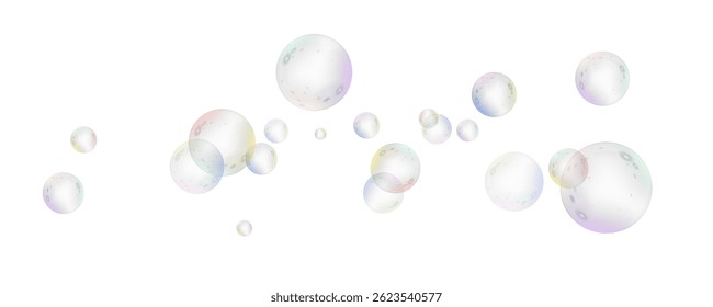 Realistic soap vector bubbles png isolated on transparent background. The effect of falling and flying bubbles. Glass bubble effect.