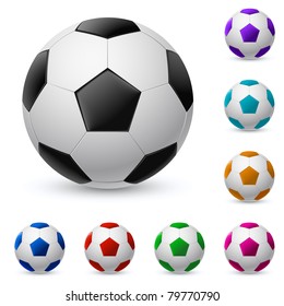 Realistic soccer ball in different colors. Illustration on white background