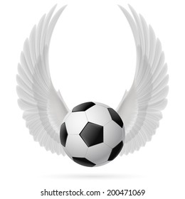 Realistic soccer ball emblem with raised up white wings