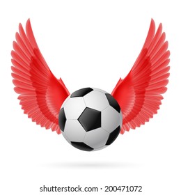 Realistic soccer ball emblem with red wings