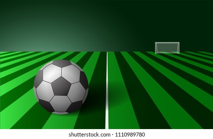 Realistic soccer ball Football black Grey and White to the left. on front of grass with football shadow with a soccer ball goal to the right door. on green grass background. Vector Illustration.