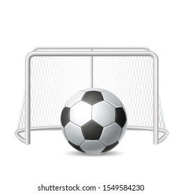 Realistic soccer ball with gate. Athletic equipment design element. Vector textured black and white american football ball for betting design. Team game tournament and sport competition poster.
