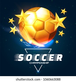 Realistic Soccer Ball with Gold Stars. Football Game Label. Sport Design. Vector illustration