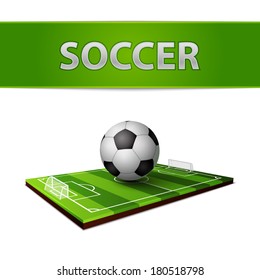Realistic soccer ball and grass field with gates for football emblem isolated vector illustration