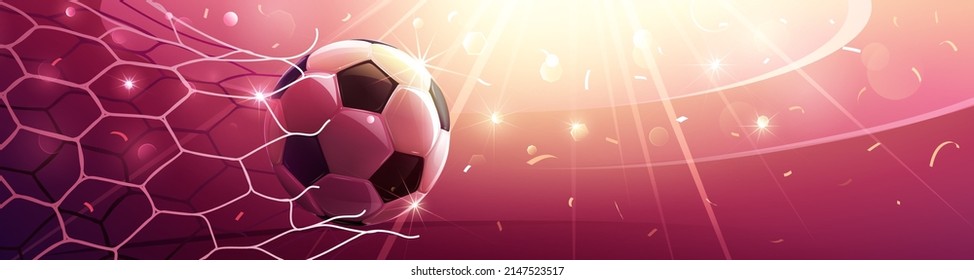 Realistic soccer ball hitting the net. Football championship in the arena. Vector illustration