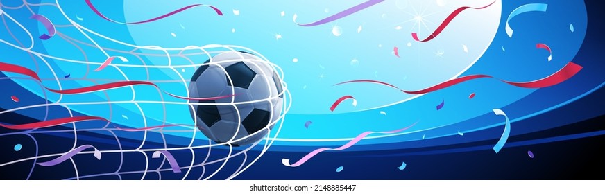 Realistic soccer ball hitting the net. Football championship. Vector