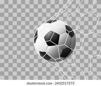 Balón de fútbol realista golpeando la red, aislado sobre fondo transparente