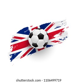 Realistic soccer ball on flag of Great Britain made of brush strokes. Vector design element.