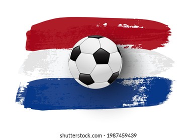 Realistic soccer ball on flag of Nederland made of brush strokes. Vector football design element