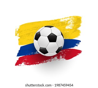 Realistic soccer ball on flag of Columbia made of brush strokes. Vector football design element