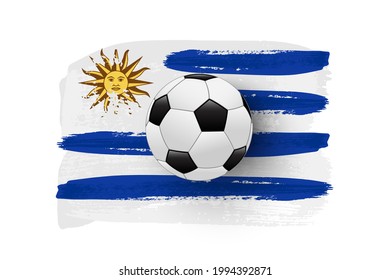 Realistic soccer ball on flag of Uruguay made of brush strokes. Vector football design element