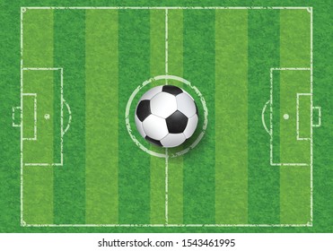 realistic soccer ball on football field with grass texture, top view, vector illustration