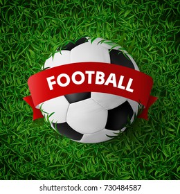 Realistic Soccer ball with red ribbon banner on green grass, vector football illustration