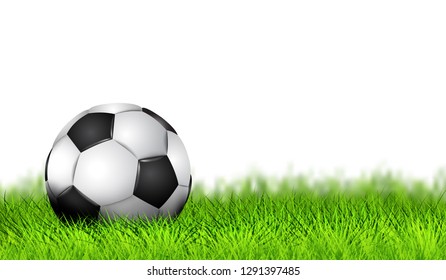 Realistic Soccer ball as Simbol football on the play field. Soccer ball design on green grass background. Cover banner, poster, typography design. Vector illustration. EPS 10