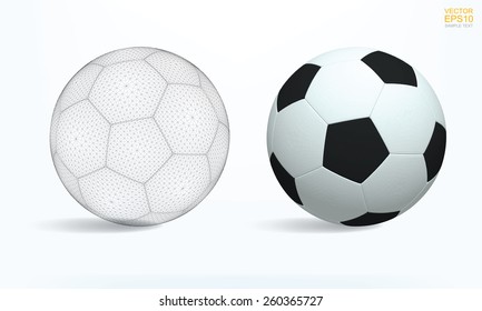 Realistic soccer ball and soccer ball wireframe on white background, Vector illustration.
