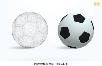 Realistic soccer ball and soccer ball wireframe on white background, Vector illustration.