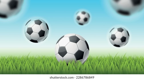 Realistic soccer balls background. 3d isolated sport falling objects, football field green lawn, championship banner, competitive game team flyer, championship backdrop utter vector concept