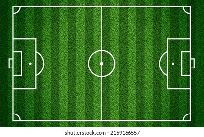 Realistic soccer field background top view with grass texture. Sport playground with white lines layout and turf pattern. Standard football stadium vector illustration. Match arena