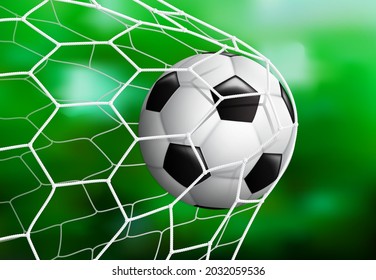 Realistic Soccer football ball in the goal net on the green grass background, vector illustration