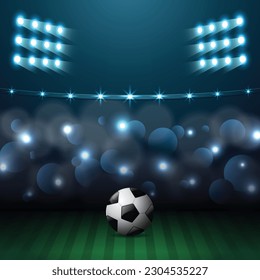 Realistic Soccer Football Ball with Stadium Lightning and Bokeh Effect Background Illustration