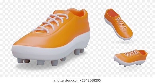 Fútbol realista, botas de rugby con picos. Zapatos deportivos para el golf. Accesorios especiales para jugar en campo de césped. Imágenes aisladas, vistas desde diferentes lados. Conjunto de iconos de color 3D