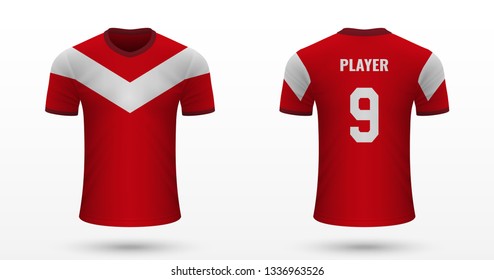 Realistic soccer shirt Fortuna Dusseldorf, jersey template for football kit. Vector illustration